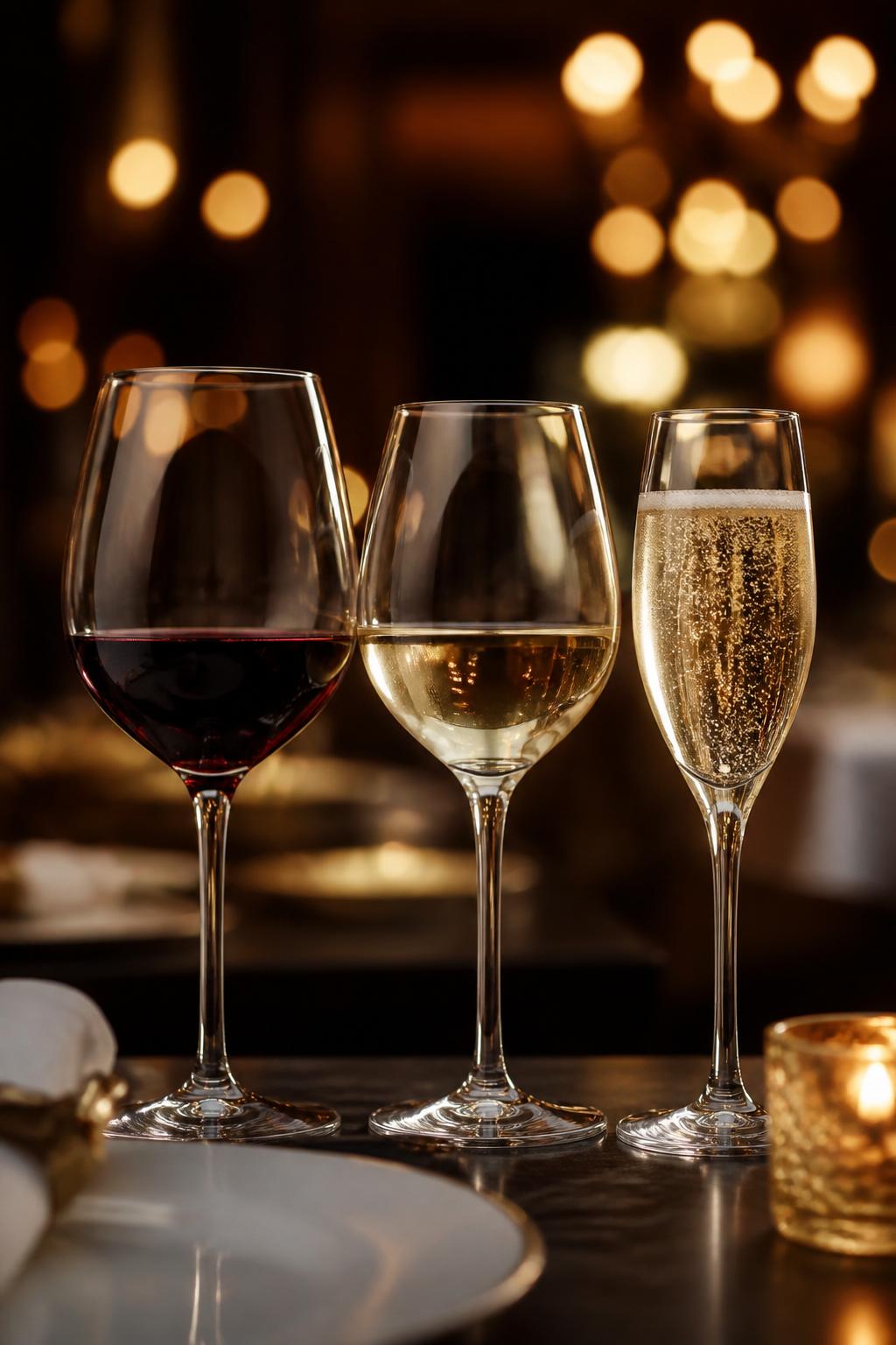 Três taças de vinho: tinto, branco e espumante
